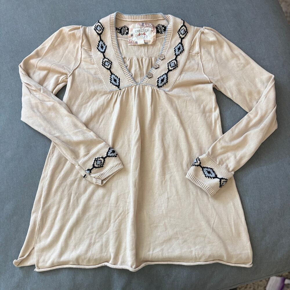 Chelsea & Violet Boho Knit Tunic Sweater Top Beige Embroidered Neck M